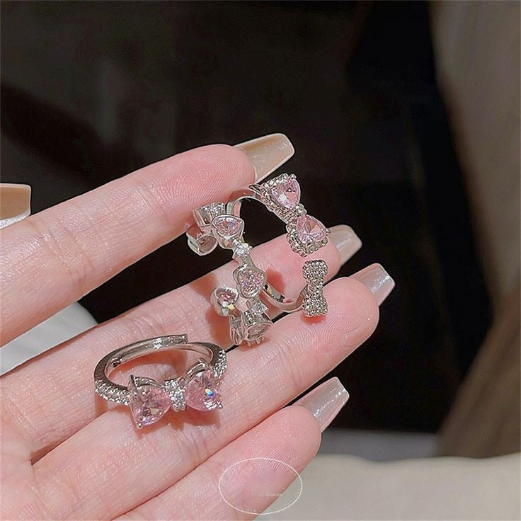 3pcs Y2K-Inspired Adjustable Heart Bow Rings