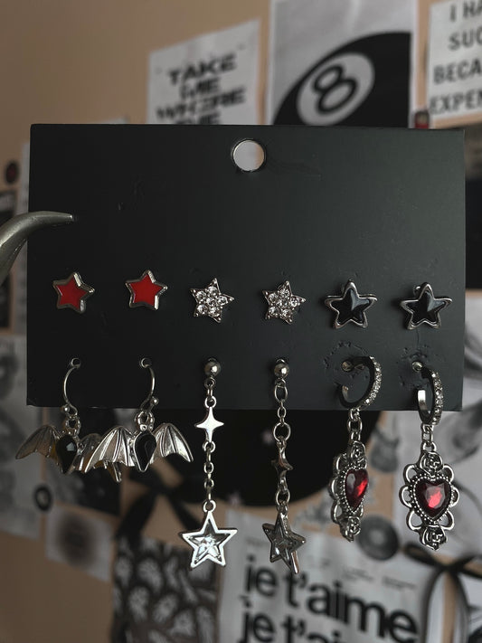 6 Pairs of Gothic Dark Black Five-Pronged Bat Love Rose Fashion Trendy Light Luxury Design Earring Set with Card