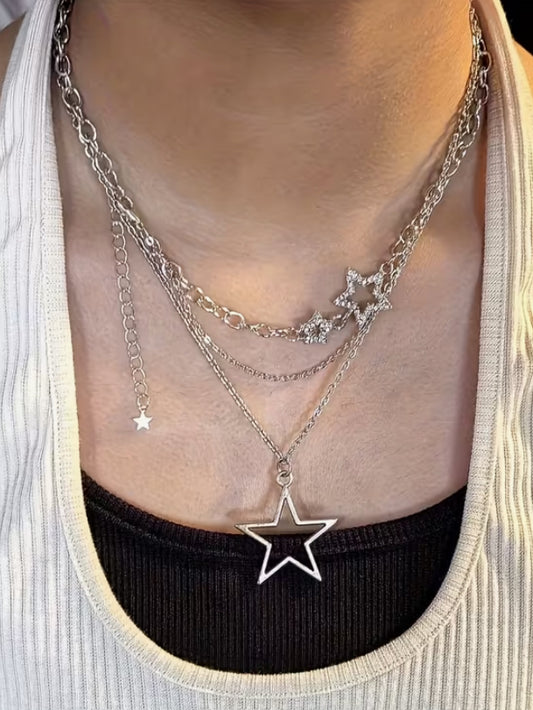 2 Vintage Minimalist Hollow Star Pendant Necklaces - Zinc Alloy, Adjustable Chain