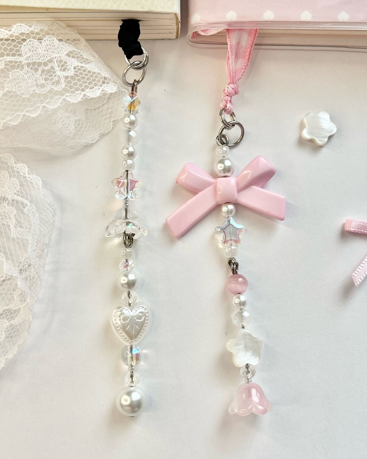Ribbon book marks, aesthetic, black, pink