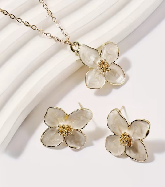 Necklace Enamel & Flower Earrings