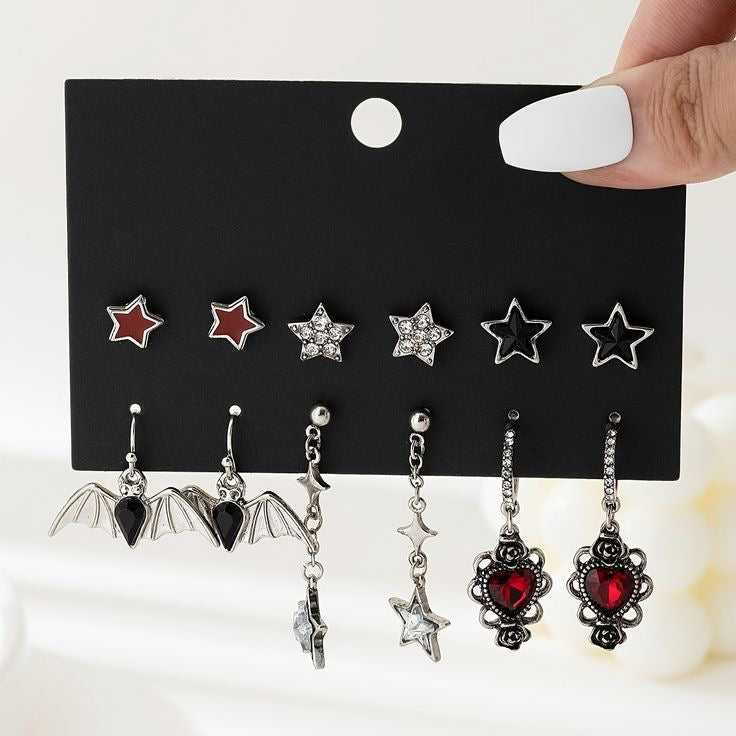 6 Pairs of Gothic Dark Black Five-Pronged Bat Love Rose Fashion Trendy Light Luxury Design Earring Set with Card