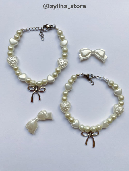 1 pc Aesthetic, elegant, white pearls ribbon bracelets