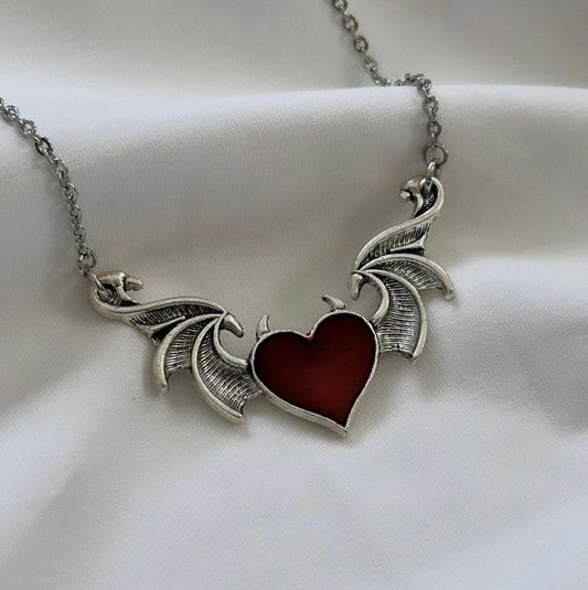 Stylish Devil Heart & Wings Pendant Necklace - Antique Silvery Finish, Zinc Alloy