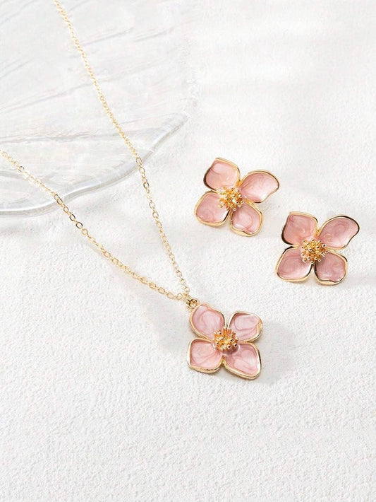 Pink Necklace Enamel & Flower Earrings