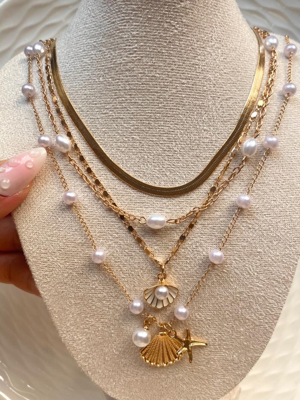 4 pcs Shell Sea Star Imitation Pearl Snake Chain Multi layer Stacked Set