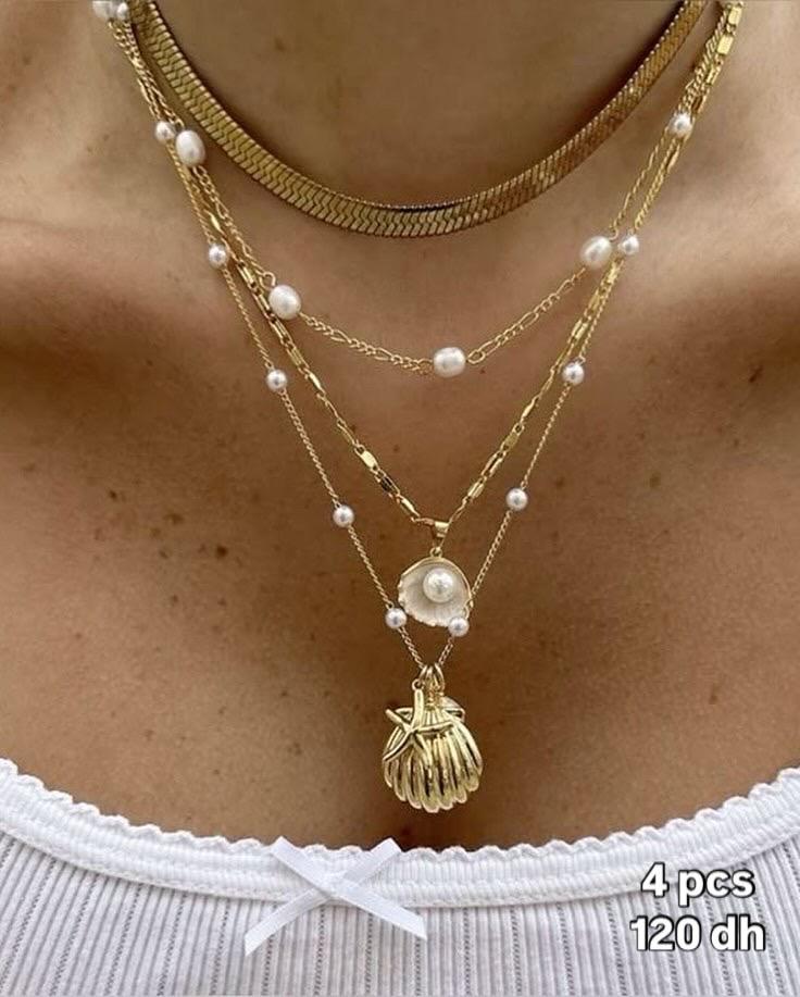 4 pcs Shell Sea Star Imitation Pearl Snake Chain Multi layer Stacked Set