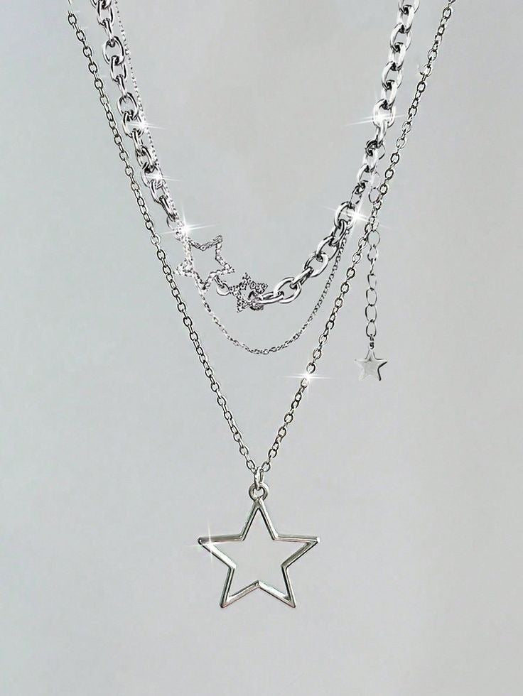 2 Vintage Minimalist Hollow Star Pendant Necklaces - Zinc Alloy, Adjustable Chain
