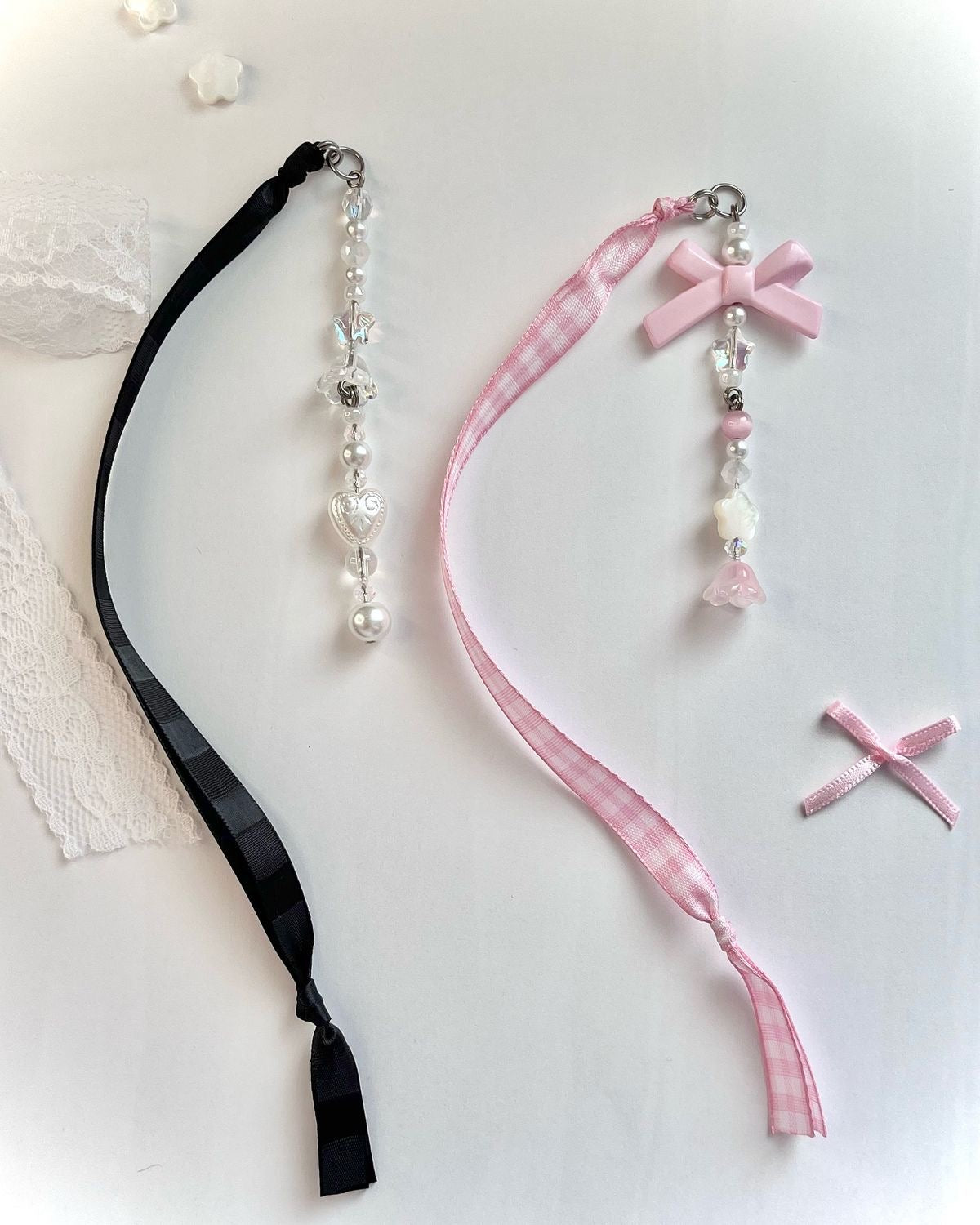 Ribbon book marks, aesthetic, black, pink