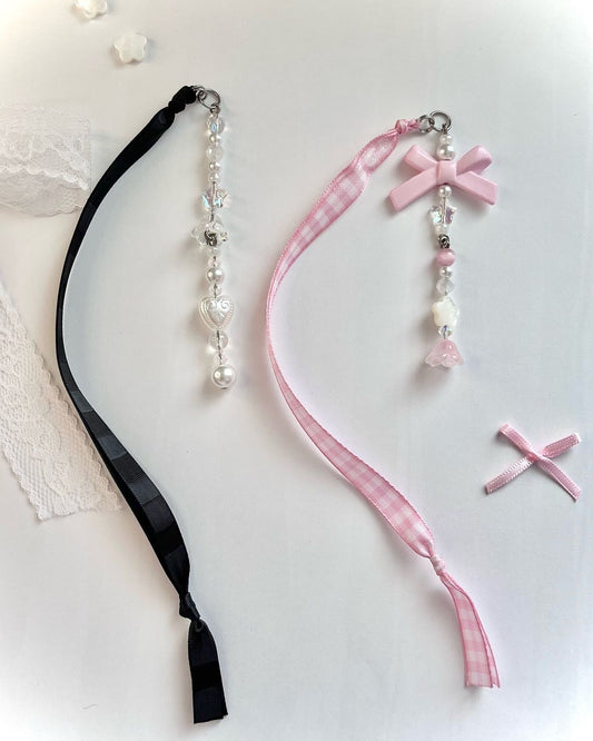 Ribbon book marks, aesthetic, black, pink